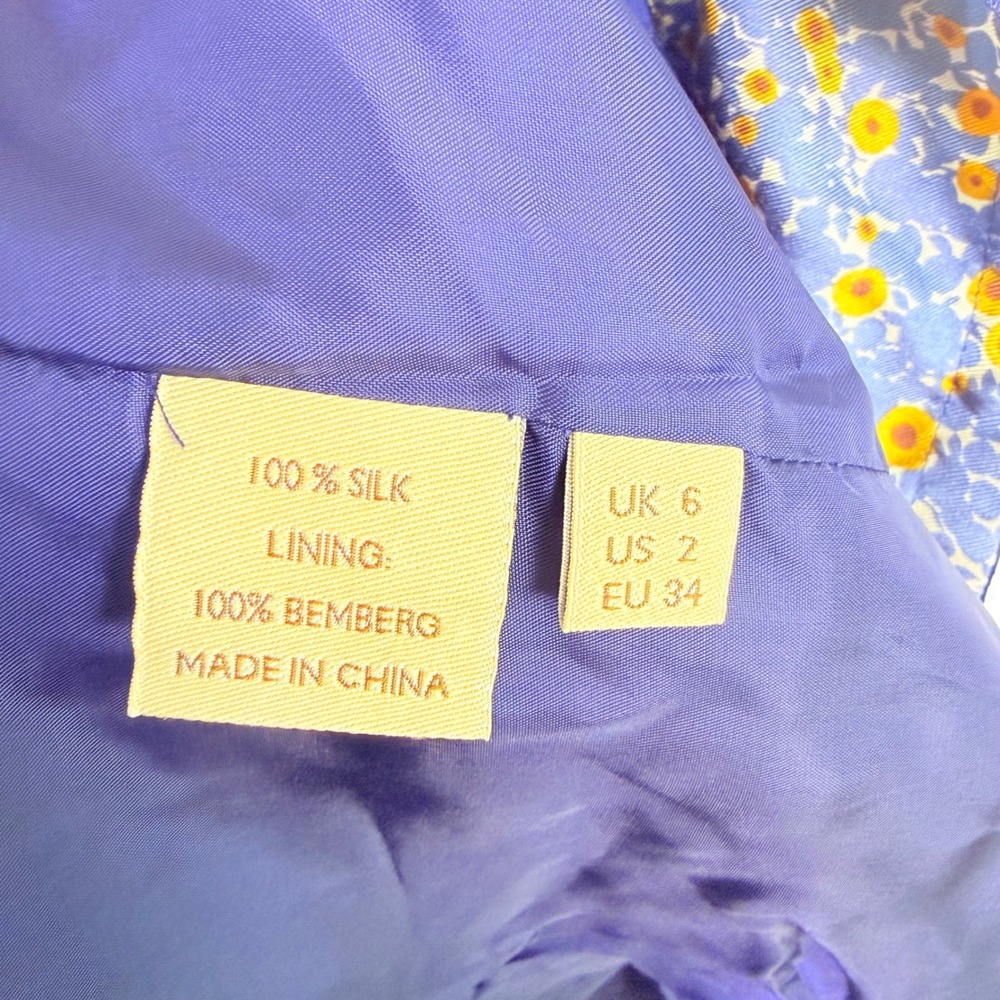 Orla Kiely Blue Yellow Floral 100% Silk Mini Dress US‎ 2 UK 6 Zip Front Pocket - Picture 6 of 7